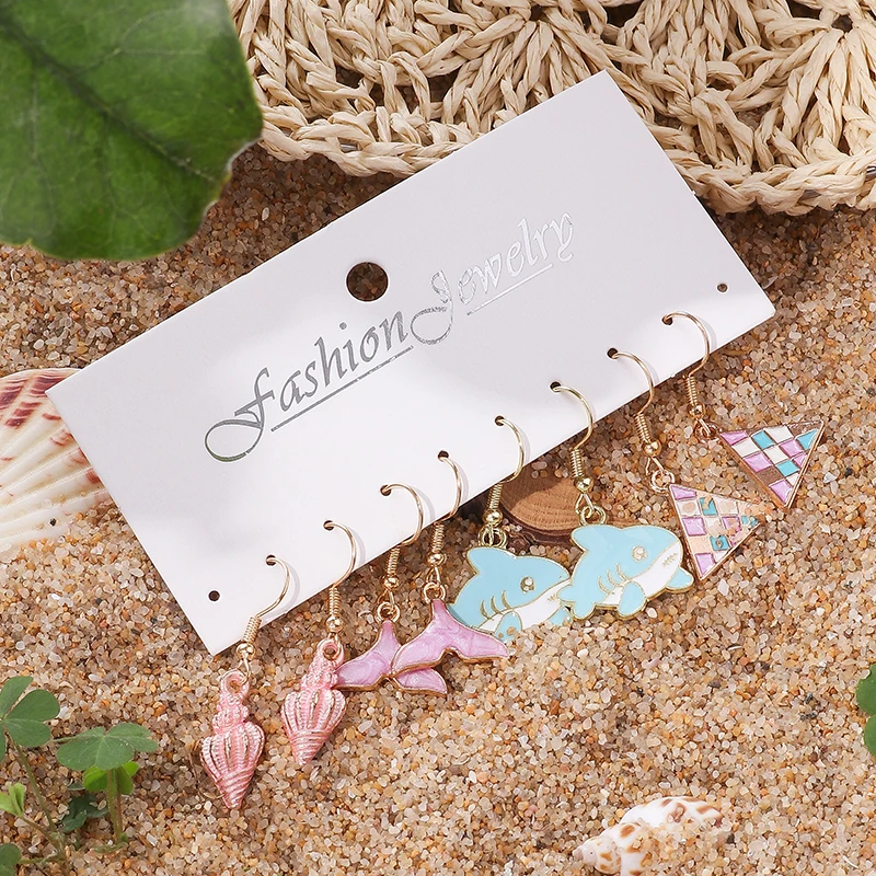 

Hot Sale 8pcs Cute Enamel Summer Beach Conch Shark Mermaid Drop Earrings Set for Women Vacation Souvenir Earrings Jewelry Gifts