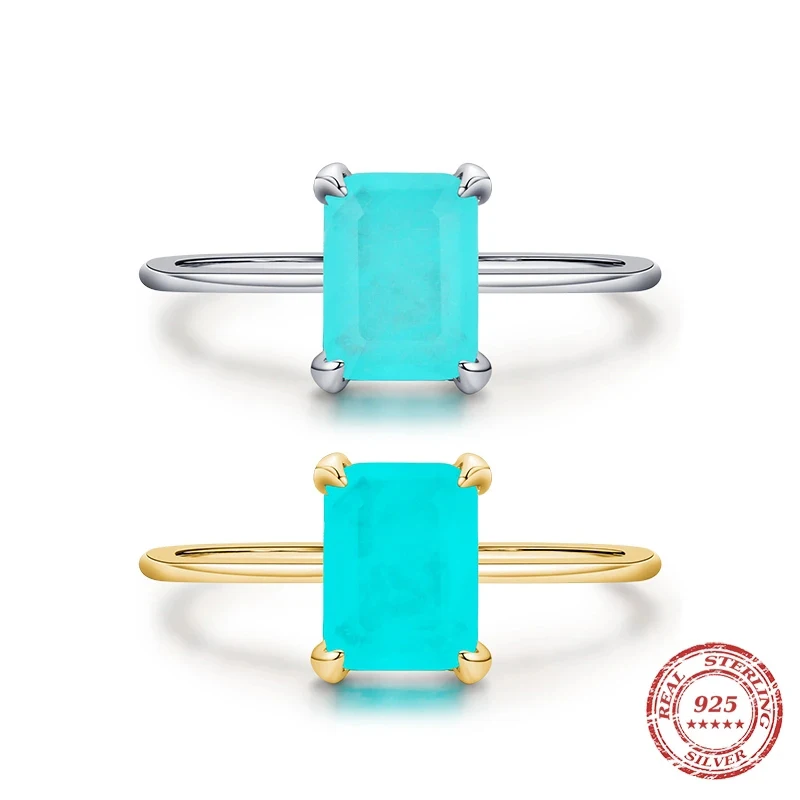 

Authentic 925 Sterling Silver Classic 6*8mm Rectangle Tourmaline Paraiba Rings for Women Silver Female Finger Ring Charm Jewelry