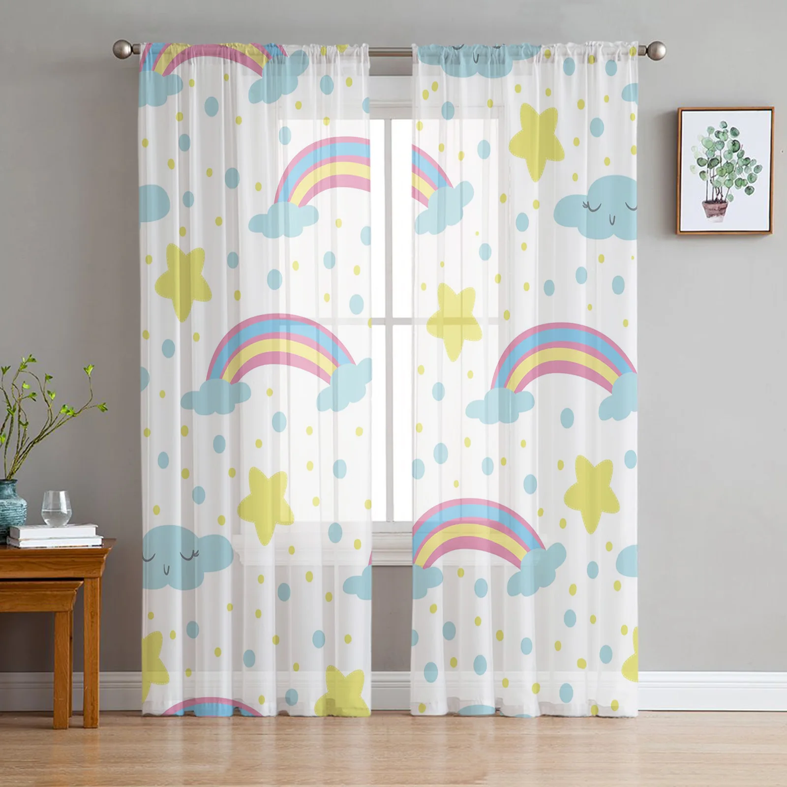 

Rainbow White Clouds Stars Sheer Window Curtains for Bedroom Drapes Home Decor Tulle Curtains for Living Room Chiffon Curtains
