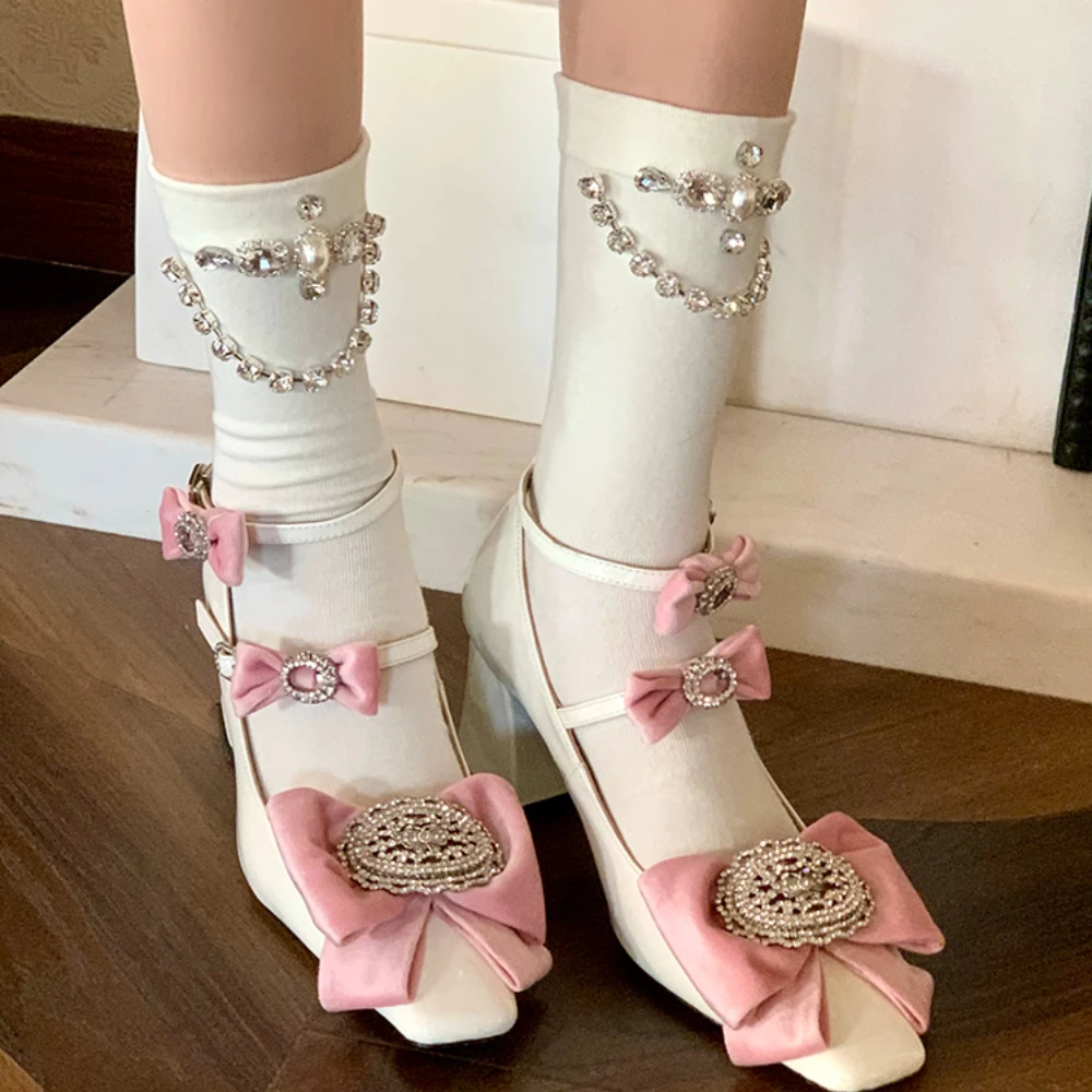 Spring and Summer New Heavy Industry Rhinestone Chain Tube Socks Girl's Heart Western Style Gray Simple Sweet