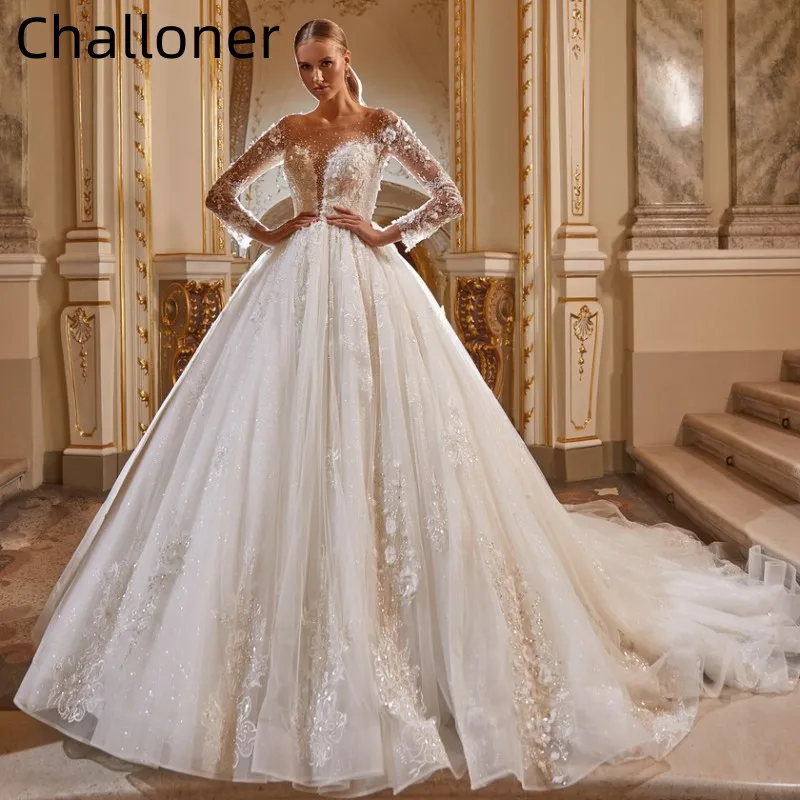 

Challoner Luxury Princess Wedding Dress Long Sleeves Appliques Bride Ball Gowns Squined Beaded Vestido de Novia Cathedral Train