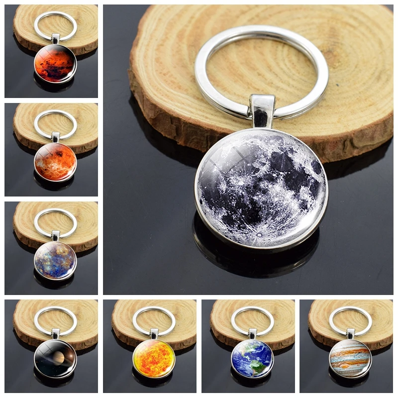 

LE Moon Keychain Keyring Solar System Galaxy Nebula Planet Double Side Glass Dome Key Chain Ring Universe Astronomy Lover Gift