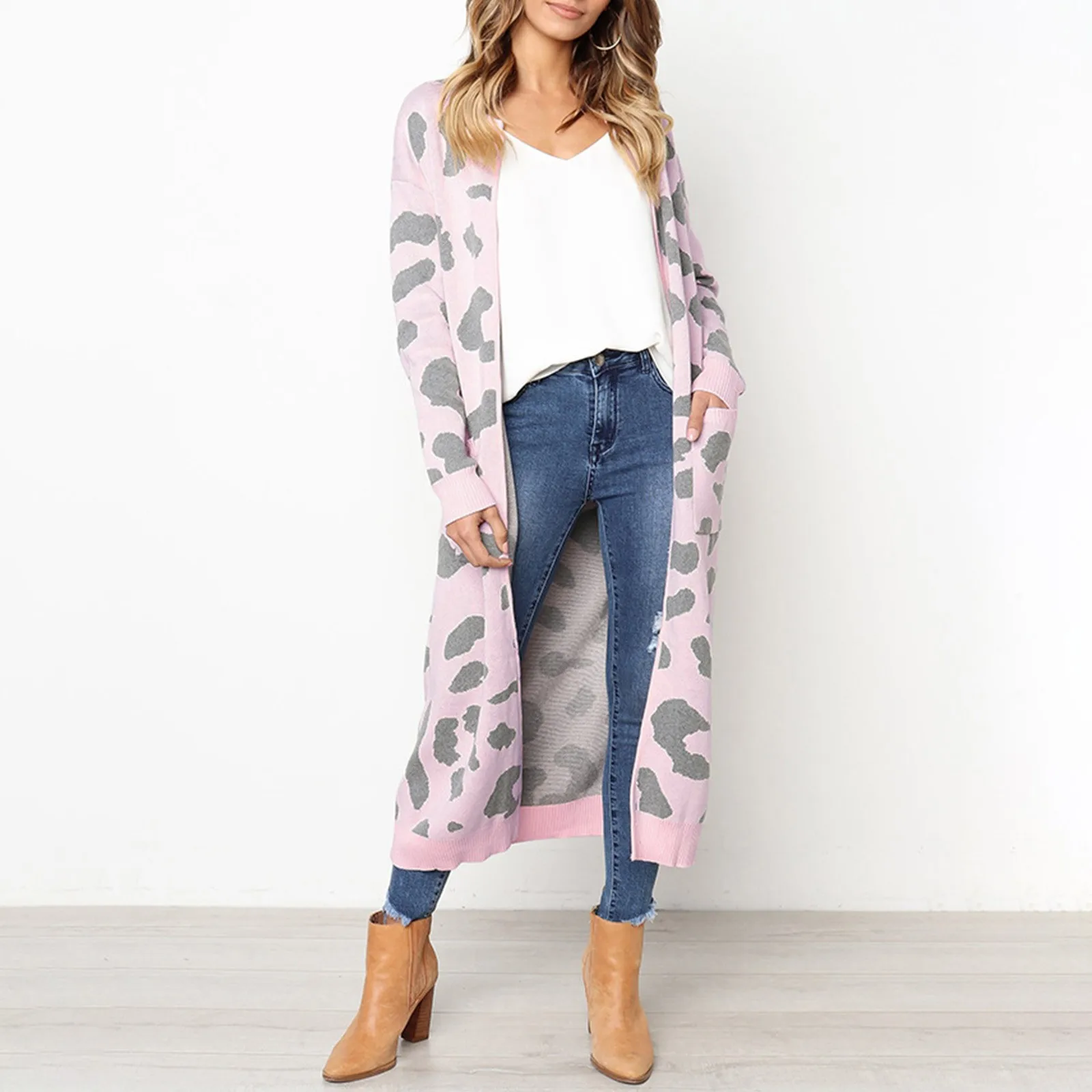 

Женский трикотажный свитер с леопардовым принтом, свободный трикотажный свитер средней длины с длинными рукавами, Осень-зима