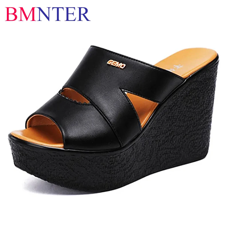 

11cm Small Size 32-43 Elegant Leather Slippers Women's Platform Shoes Summer 2023 Block High Heels Slides for Office Model