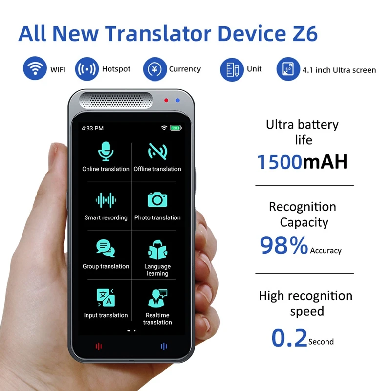 

Z6 Intelligent Voice Translator 4G WiFi Multinational Language Photography Offline Translator Recording