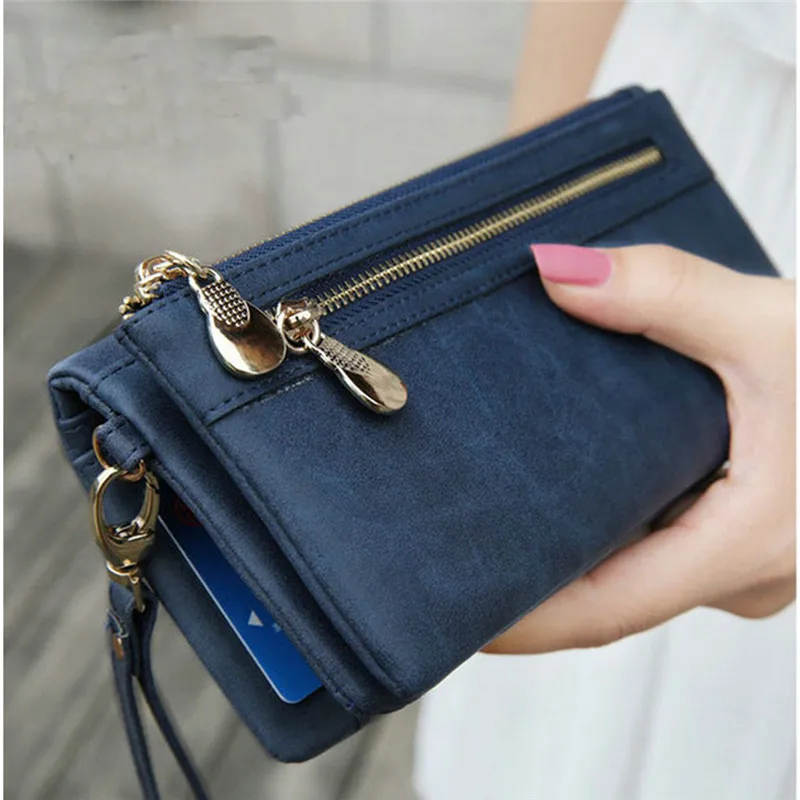 

Fashion Women Wallets Dull Polish Leather Wallet Double Zipper Day Clutch Purse Wristlet Coin Purse Card Holder Billetera 838559