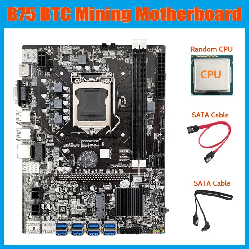 

B75 ETH Mining Motherboard+Random CPU+2XSATA Cable LGA1155 8XPCIE USB Adapter MSATA DDR3 B75 USB BTC Miner Motherboard