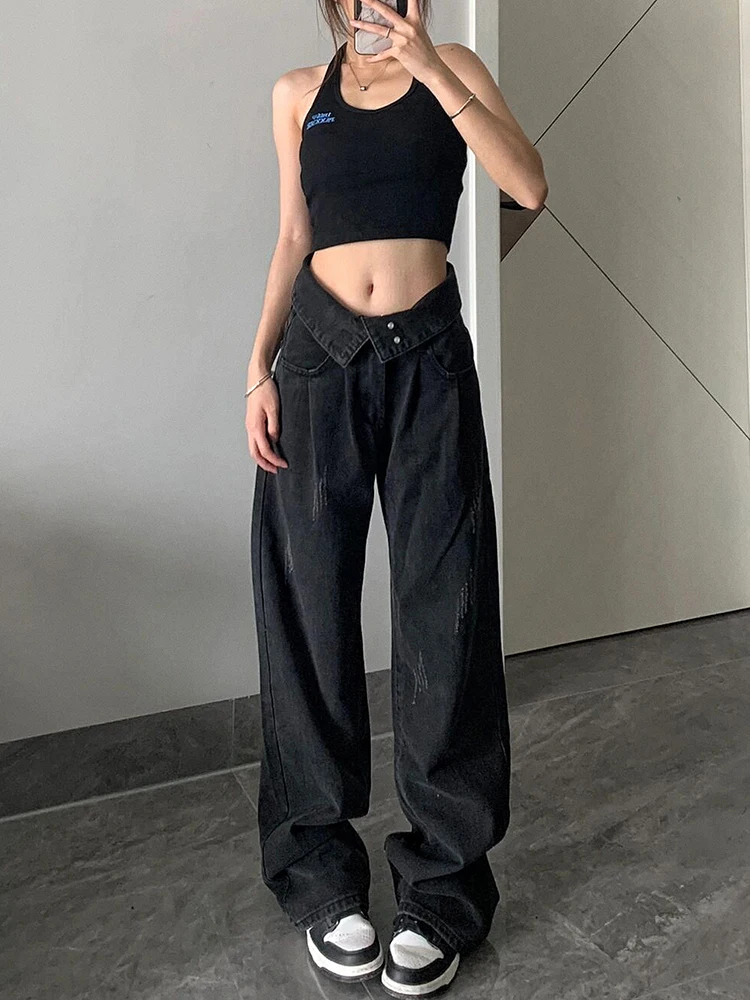 

Women's Black Jeans Streetwear High Waist Design Fashion Straight Denim Trouser Vintage Baggy Casual Mom Wide Leg Jean Pants