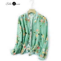 fresh green printed mulberry silk shirt coat womens short silk top baseball jacket long sleeve 2022 womens fashion coat