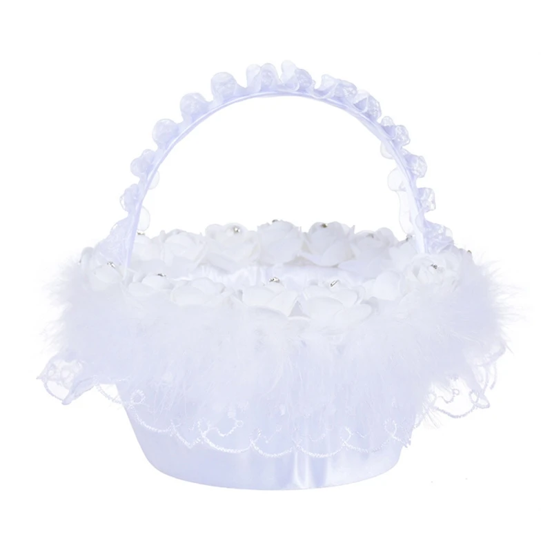 

Flower Girl Basket for Wedding Small White Satin Wrapped with Ostrich Fluff Lace and Artificial Rose Flowers Decoration