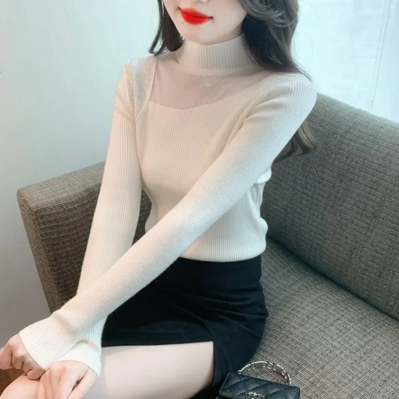 2024 зимний вязаный топ с высоким воротником свитер в полуполо сетчатая пряжа