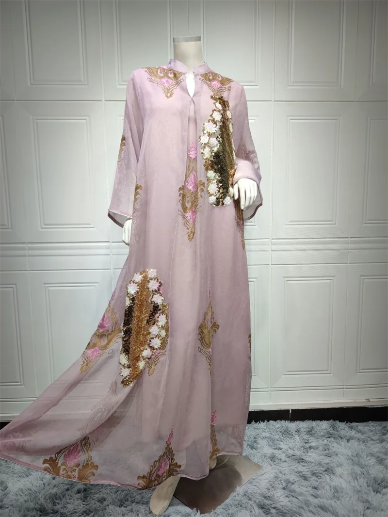 Muslim Abaya Dress Dubai Ramadan Sequins Floral Embroidered Casual Loose Robe Moroccan Caftan Dresses For Women