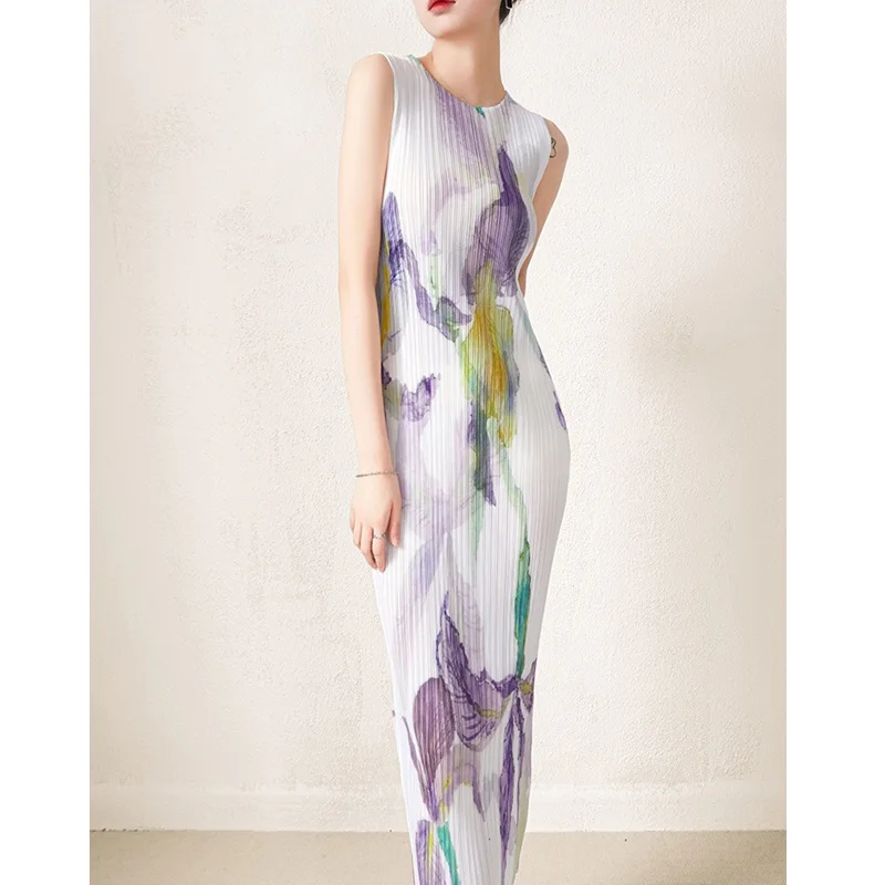 

Женское Плиссированное прямое платье миди без рукавов, элегантное мягкое платье с круглым вырезом и цветочным принтом, лето 2023