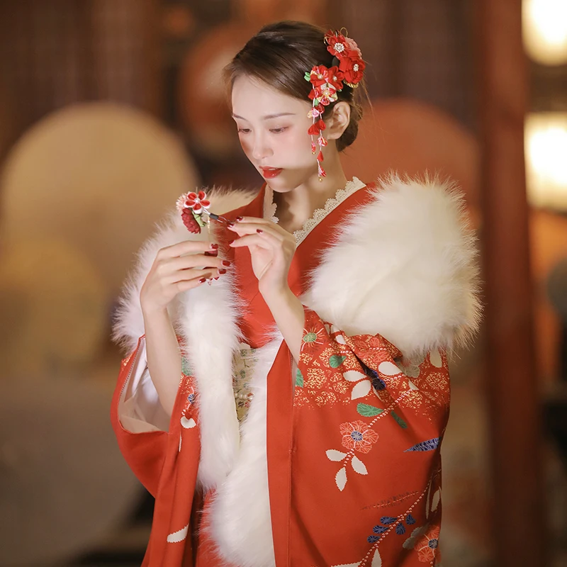 

Japanese Traditional Women Kimono Retro Long Sleeve Formal Yukata Red Color Butterfly Prints Photography Dress Cosplay Costume