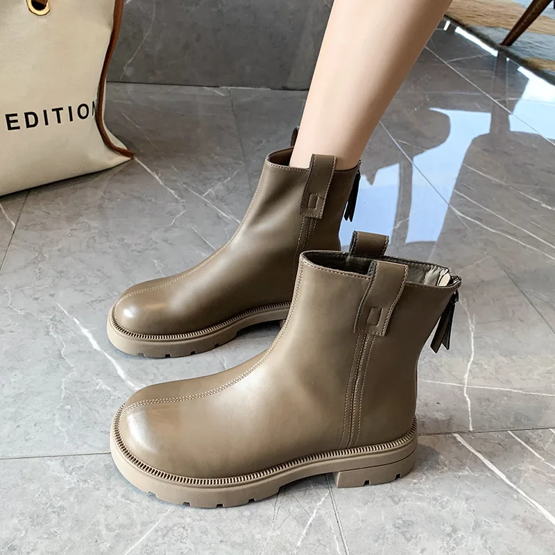 Women Thick Sole Short Boots Rear Zipper Round Flat Shoes Low Heel Fashion PU Mid Tube 2022 New
