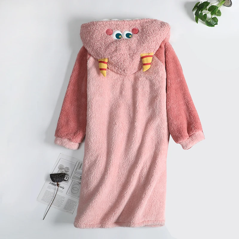 Women Sleepwear Winter Plush Pajamas Cartoon Hooded Coral Velvet Nightgown Loose Flannel Sleepdress Anime Cosplay Robe Nightwear