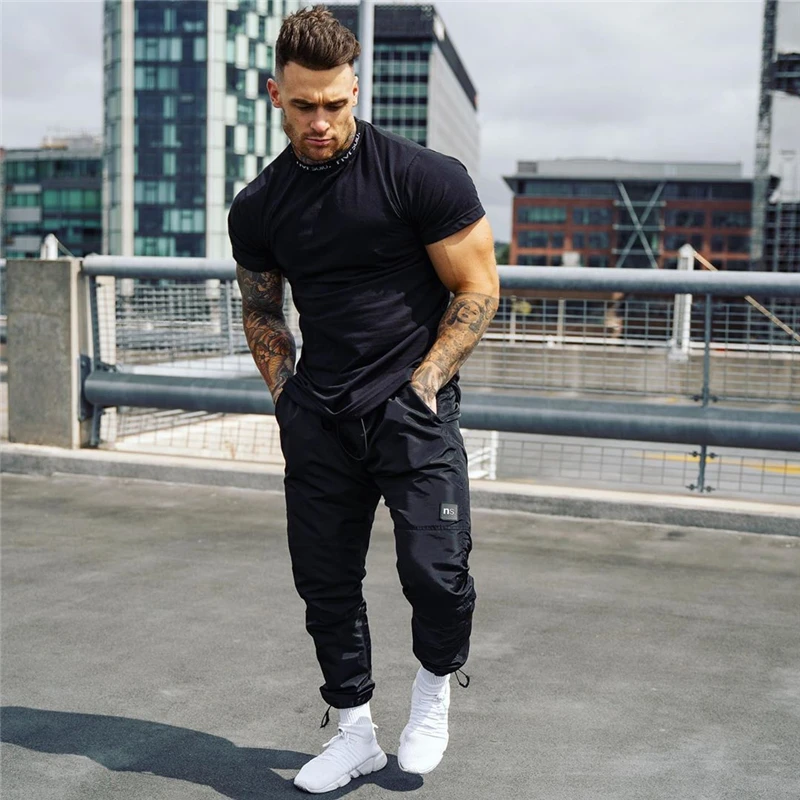 

B8640 Gyms T-shirt Men Short sleeve Cotton T-shirt Casual Slim t shirt Male Fitness Bodybuilding Workout Tee Tops Summer