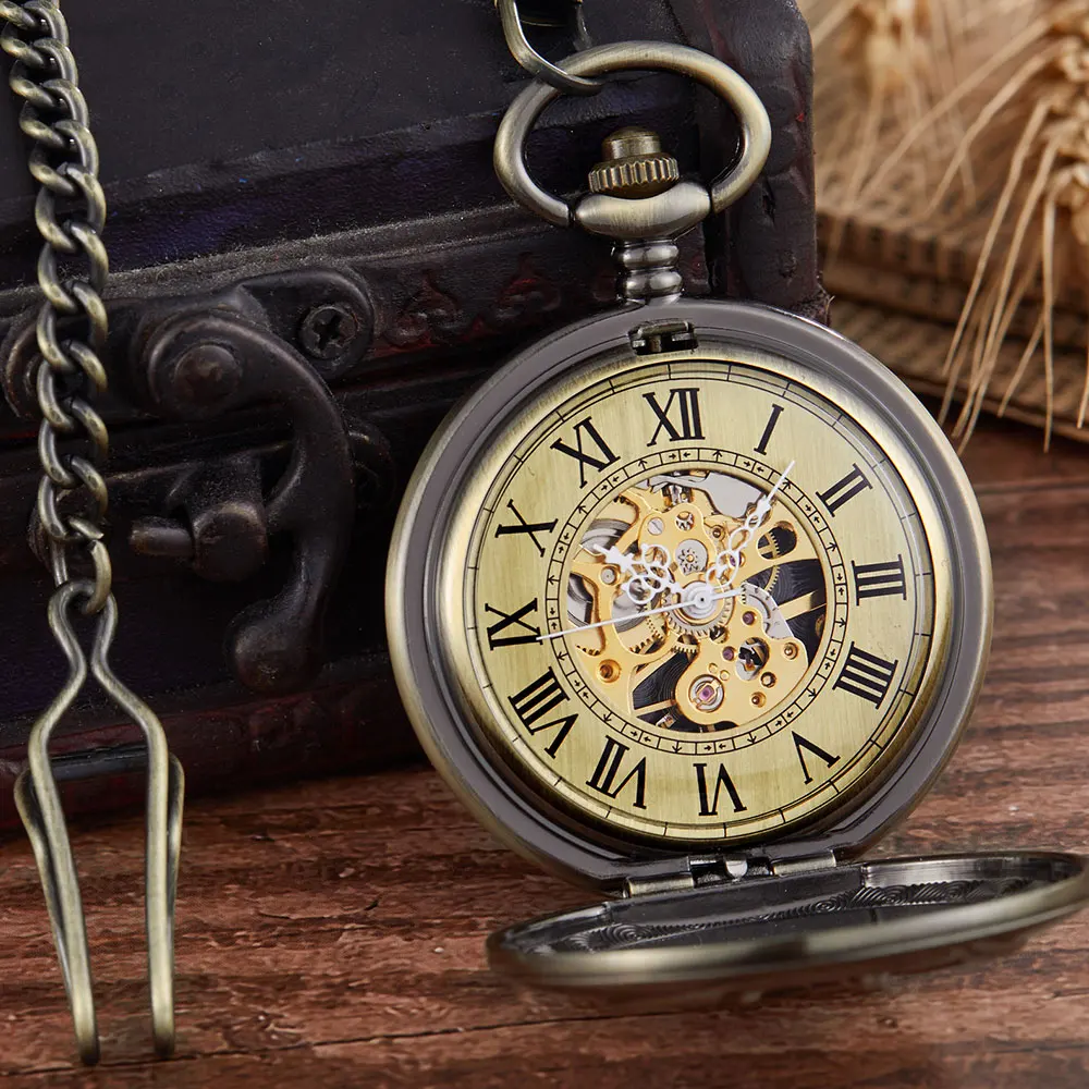 Golden Hollow Golden Goat Design Mechanical Pocket Watch Zodiac Steampunk Hand Winding Fob Unisex Watch Chain Necklace Pendent