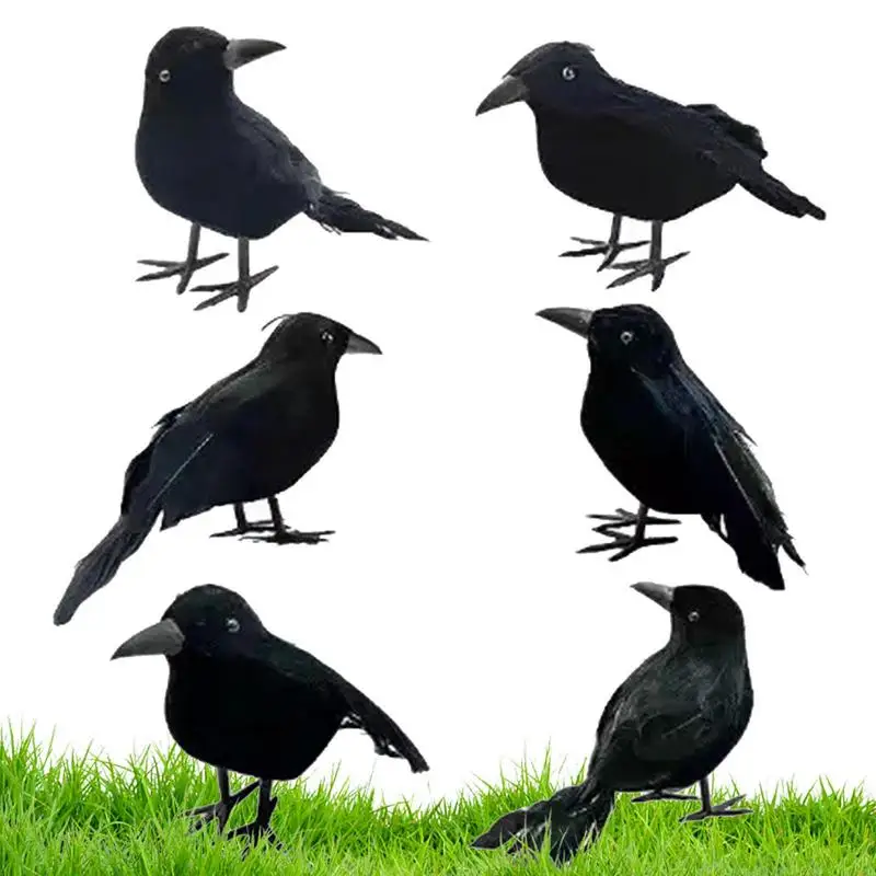 

Halloween Black Crows 6Pcs Spooky Realistic Crows Figurines with Real Feathers Seasonal Decors for Coffee Table Tree Walls