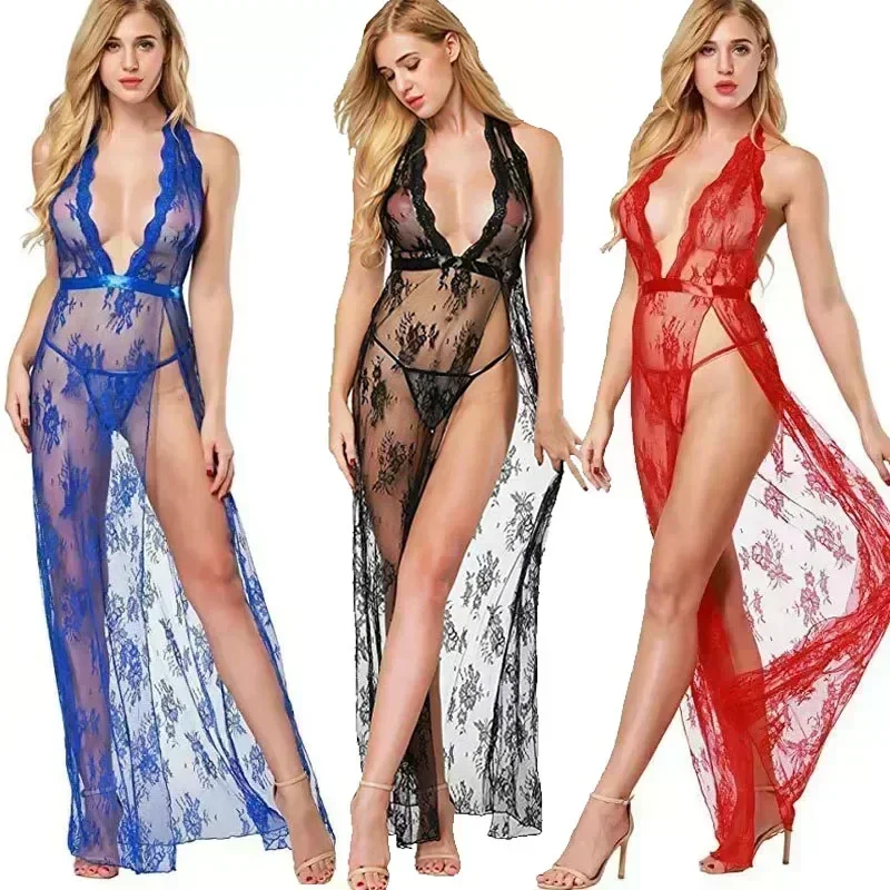 Сексуальная одежда для сна взрослых костюм с лямкой на шее длинное платье