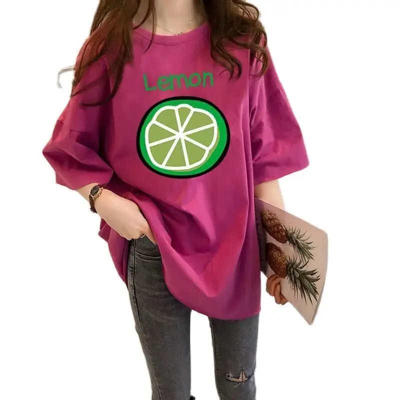 

10 Colors Summer 2022 Sweet Tops Loose Bottoming Shirts Women's Solid O-Neck Printed Long Short Sleeve T-Shirt