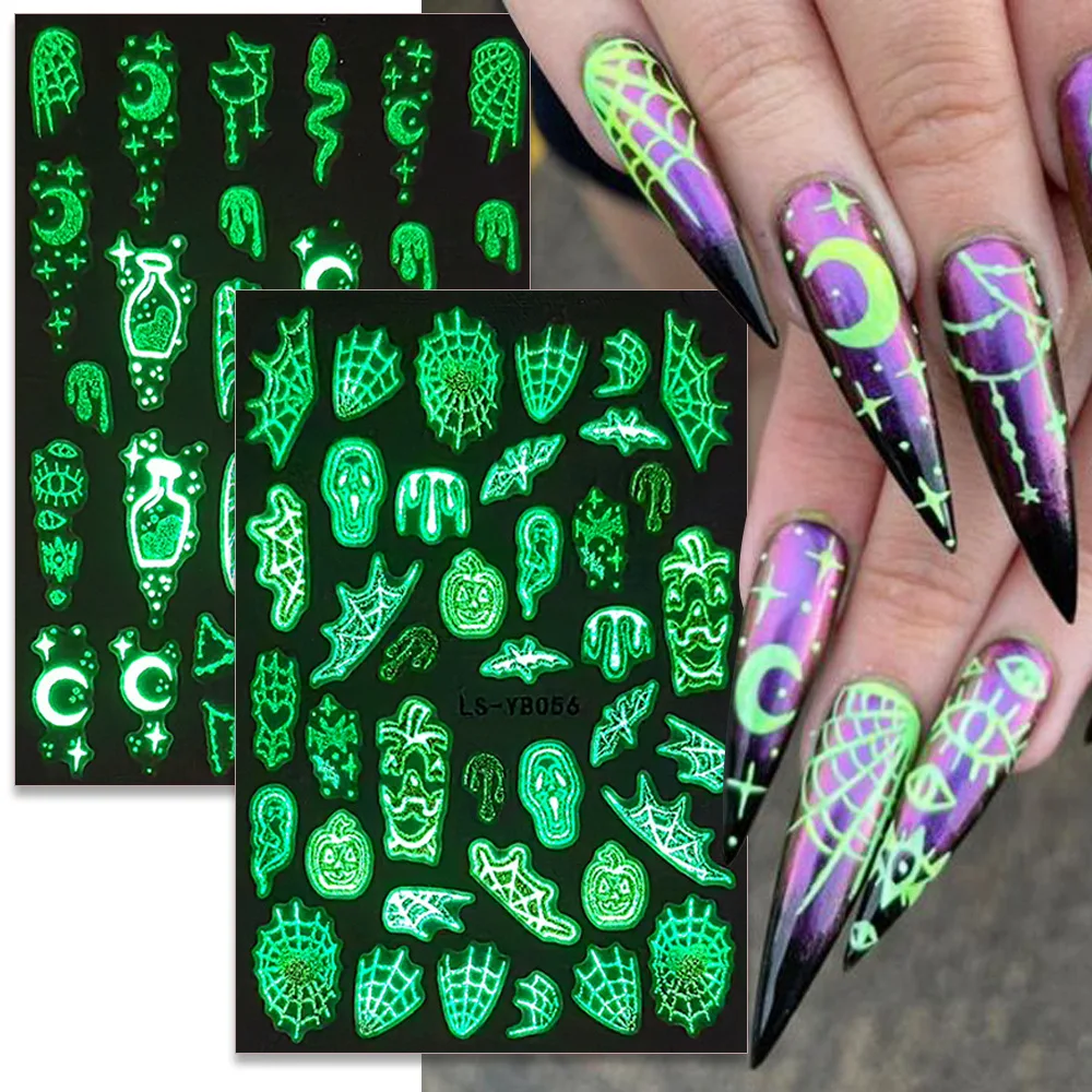 

2023/3D Luminous Nail Stickers Decals Spider Web Halloween Black White Glowing in the Dark Nail Art Sliders Foils Tattoo