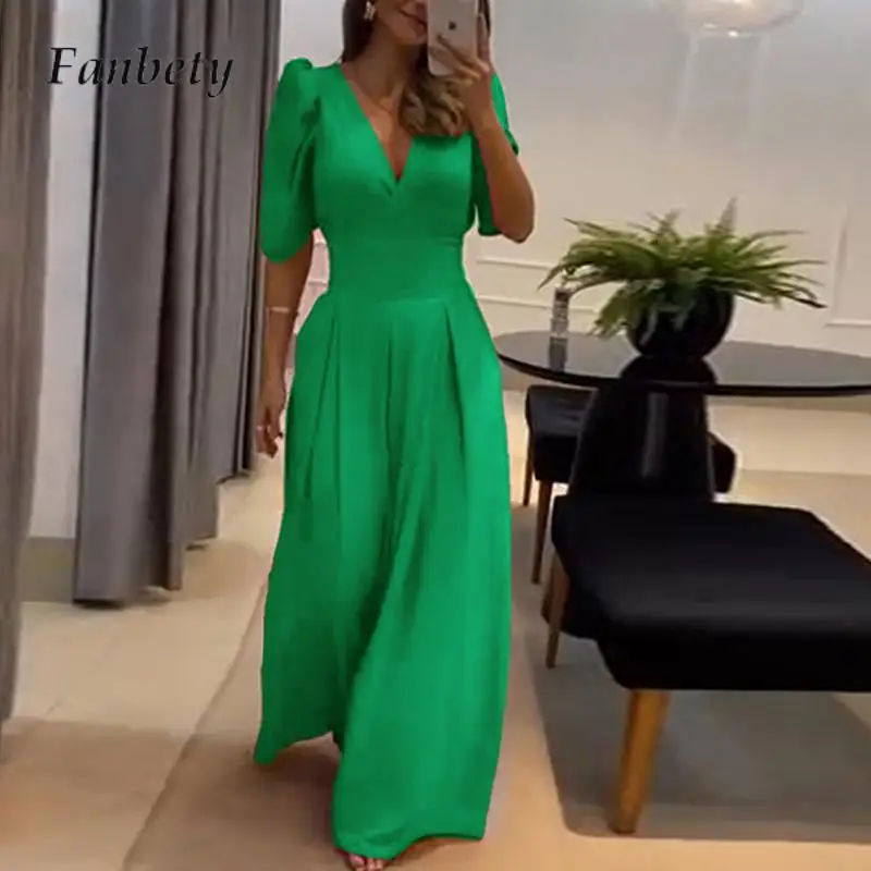 

Elegant Hight Waist Loose Party Jumpsuits Women Sexy Deep V-neck Solid Long Romper Summer Casual Short Sleeve Playsuits Overalls