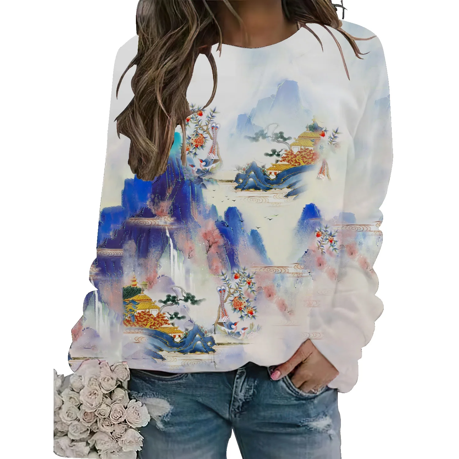 

American retro full print floral print thin round neck sweater women's 2022 autumn and winter new loose large shirt tide