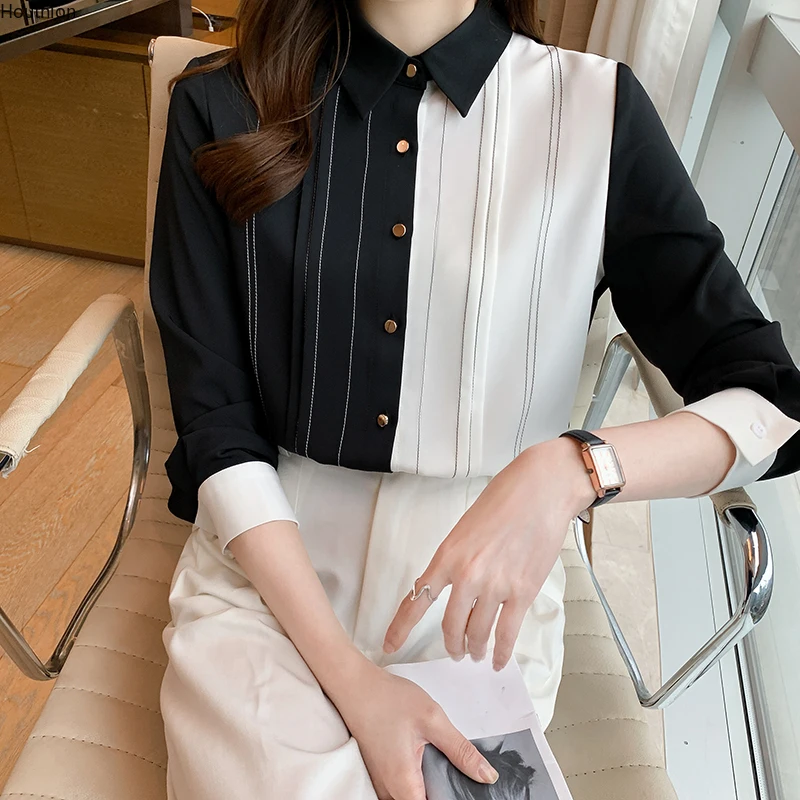 

Блузка женская шифоновая свободного покроя, модная рубашка-поло на пуговицах, повседневный Топ с длинным рукавом, одежда в Корейском стиле, ...