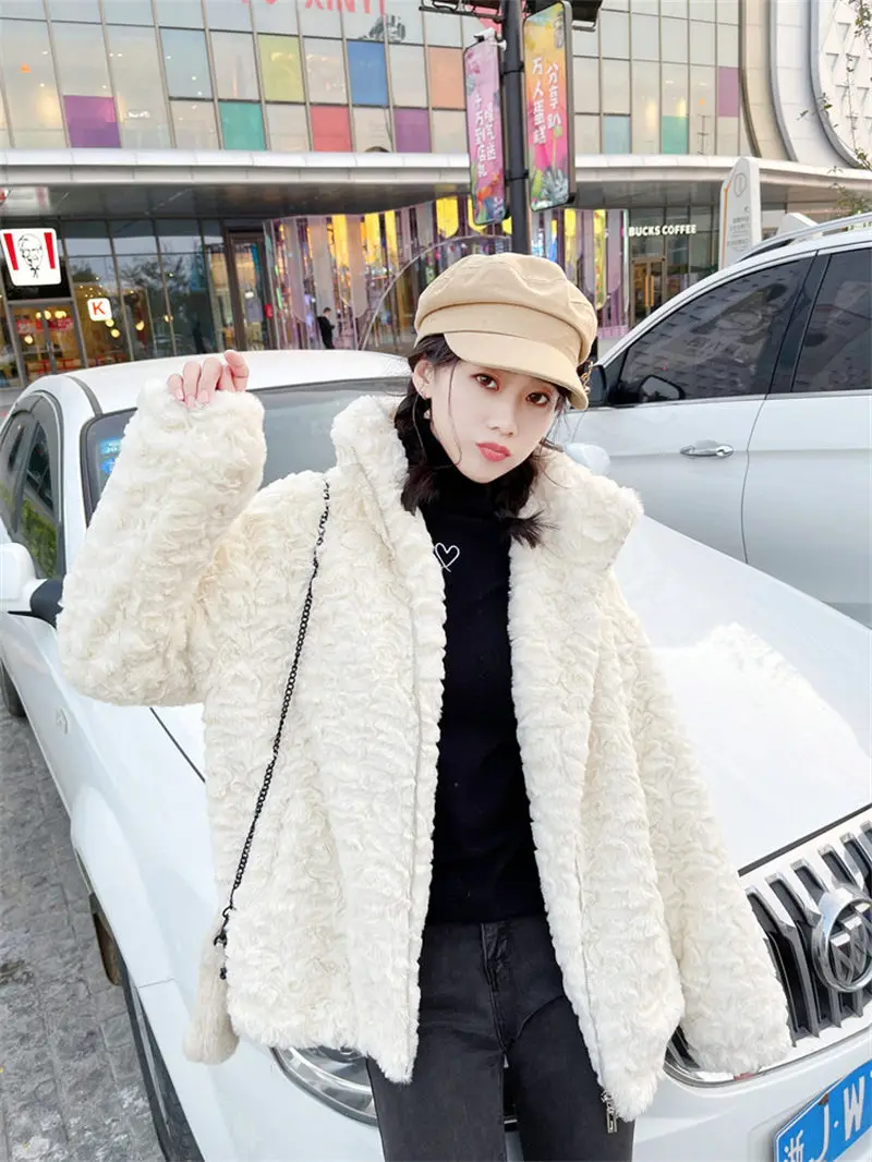 Lamb Fur Coat 2022 Winter Stand Collar Wild Imitation Rabbit Fur Mink Velvet Mid-Length Jacket Women Fashion Mujer Abrigos T092