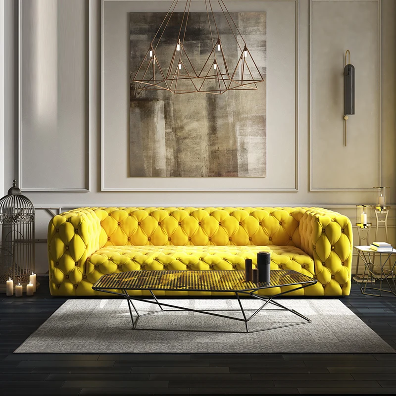 

Italian design yellow velvet living room tufted sofa set customized modern 3 seater chesterfield sofa fabric button tufted sofas