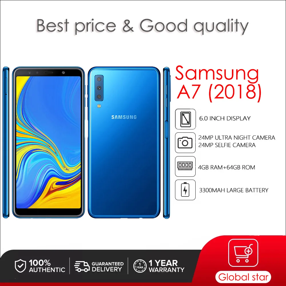 

Original Samsung Galaxy A7 (2018) A750F Unlocked A750FN Octa-core Android 24MP 6.0'' 64GB 4GB RAM Fingerprint Smartphone
