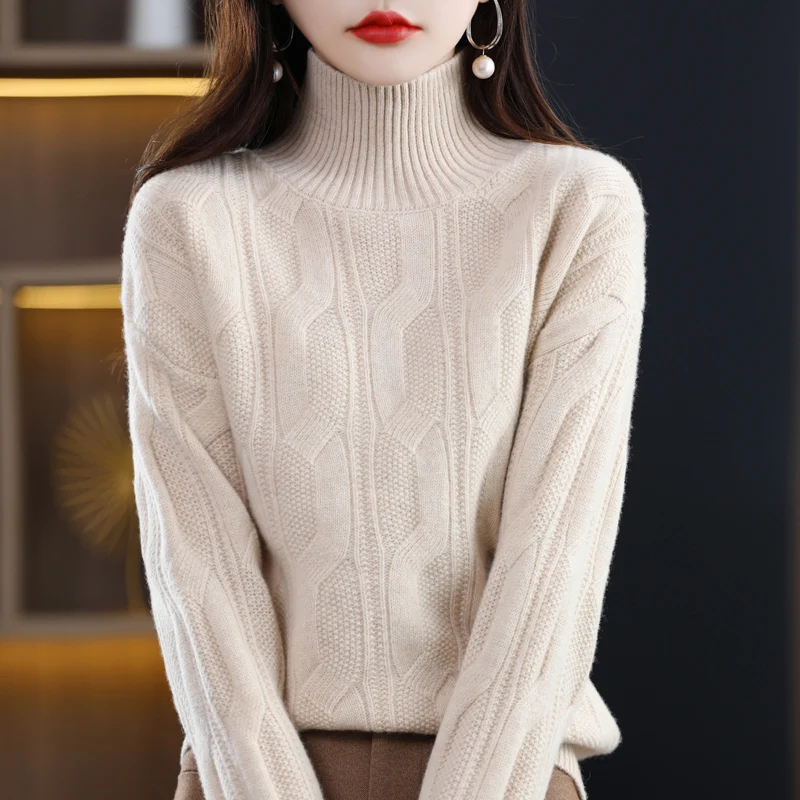 Turtleneck Sweater 100 Pure Wool Pullover Women's Clothing 2022 New Thickened Twist Long-Sleeved Solid Color Sweater With Base