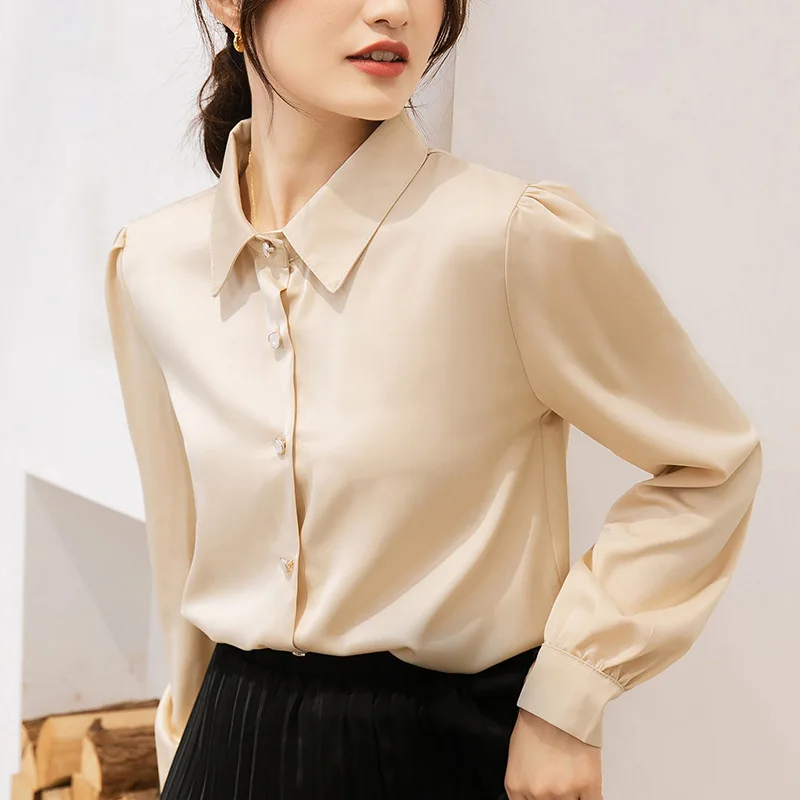 

Women's Simulated Silk Satin Smooth Blouse Female OL Long Sleeve Fashion Single-breasted Shirts for Spring Autumn 7-5
