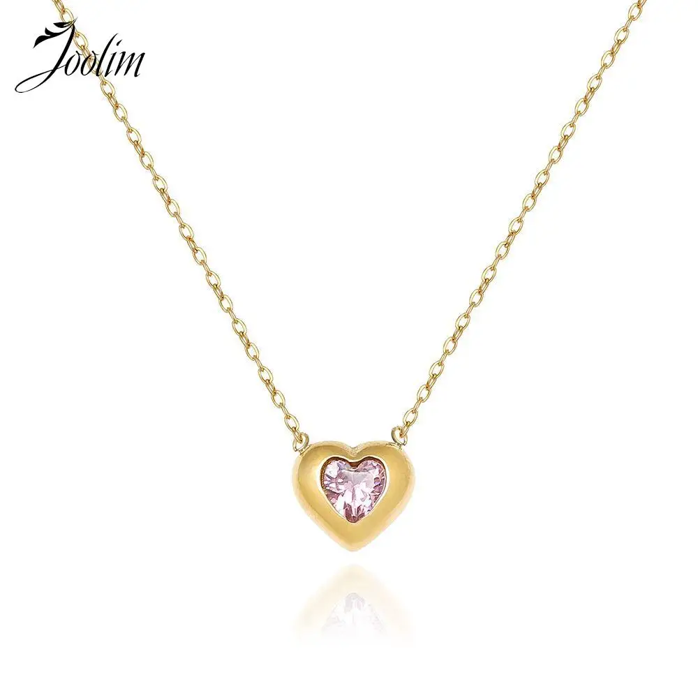 

Joolim Jewelry Wholesale High End PVD No Fade Simple Cubic Pink Zirconia Peach Heart Pendant Stainless Steel Necklace For Women