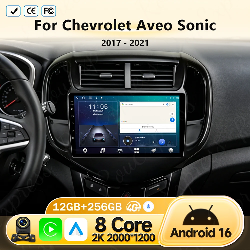 Фото Android Auto для Chevrolet Aveo Sonic 2017-2021, мультимедийный автомобильный радиоприемник, монитор, видеоплеер, GPS-навигация, стереосистема, CarPlay, BT, DVD №1