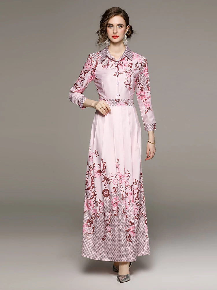 

Женское модельное длинное платье, повседневное Плиссированное Платье макси с длинным рукавом и розовым цветочным принтом, праздничное платье, новинка весны 2023