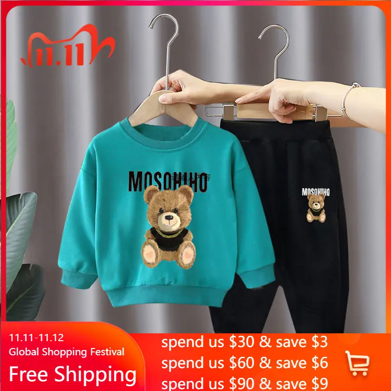

Spring Autumn Cotton Sweater Trousers Suit Boy Clothes Outfit Kids Baby Sports Tops Pants 2pcs Set Cartoon Bear Print Tracksuits