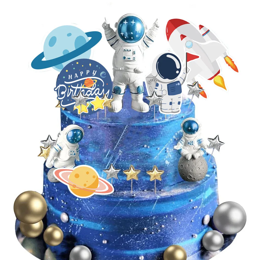 

Blue Space Theme Birthday Cake Decoration Planet Rocket Astronaut Metal Ball Cake Topper Cake Kids Happy Birthday Party Decor