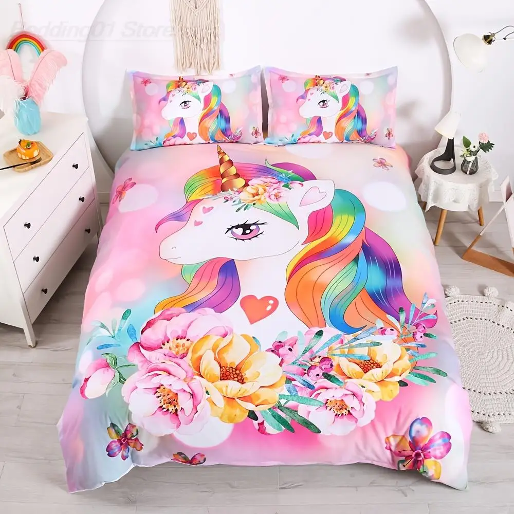 

Cute Unicorn Duvet Cover Set, Pink Unicorn Bedding Watercolor Flowers Rainbow Unicorn 3pcs (1pc* Duvet Cover + 2pcs*Pillowcases)