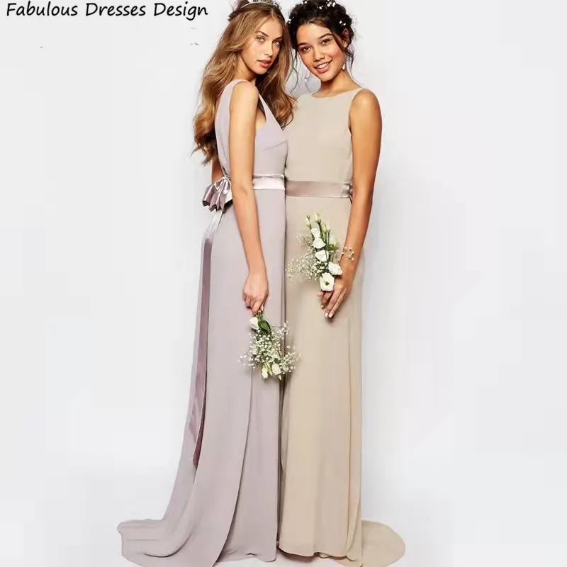 

Champagne Chiffon Mermaid Bridesmaid Dresses 2022 Scoop Neck Backless Long Wedding Party Dress For Women Bowknot Prom Gowns