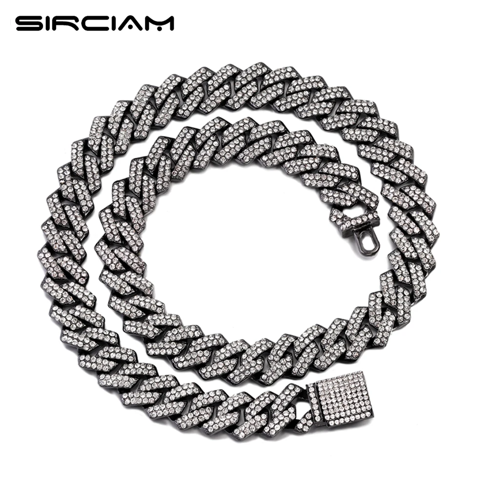 

New Iced Out Bling Cuban Link Gun Black Chain Punk 14MM AAA Rhinestones Prong Cuban Chain Choker Necklace For Man Hiphop Jewelry