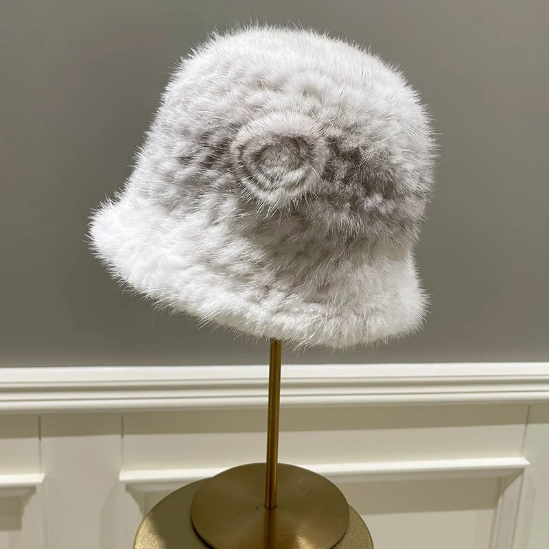 Women's New Fur Winter Hat Thickened Braided Mink Fur Fisherman Hat Floral Embellishment Sweet Style Warm Fur Hat