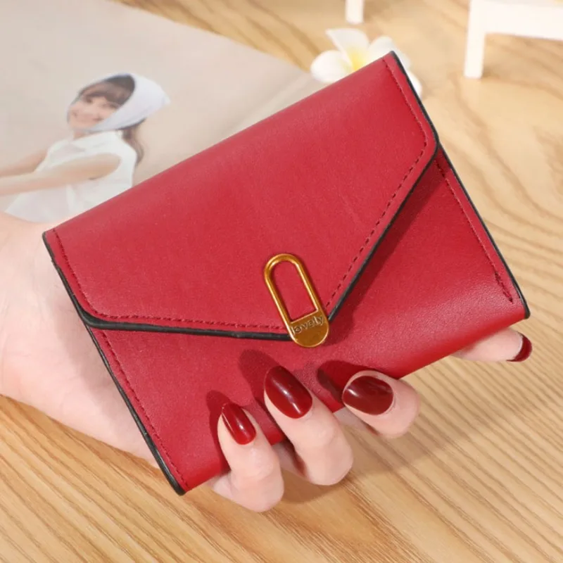 

Новые Брендовые женские кошельки, кошелек из искусственной кожи, три складных коротких кошелька, кошелек с высокой текстурой, подходящий цвет, кошелек с золотыми пуговицами и карманом для монет