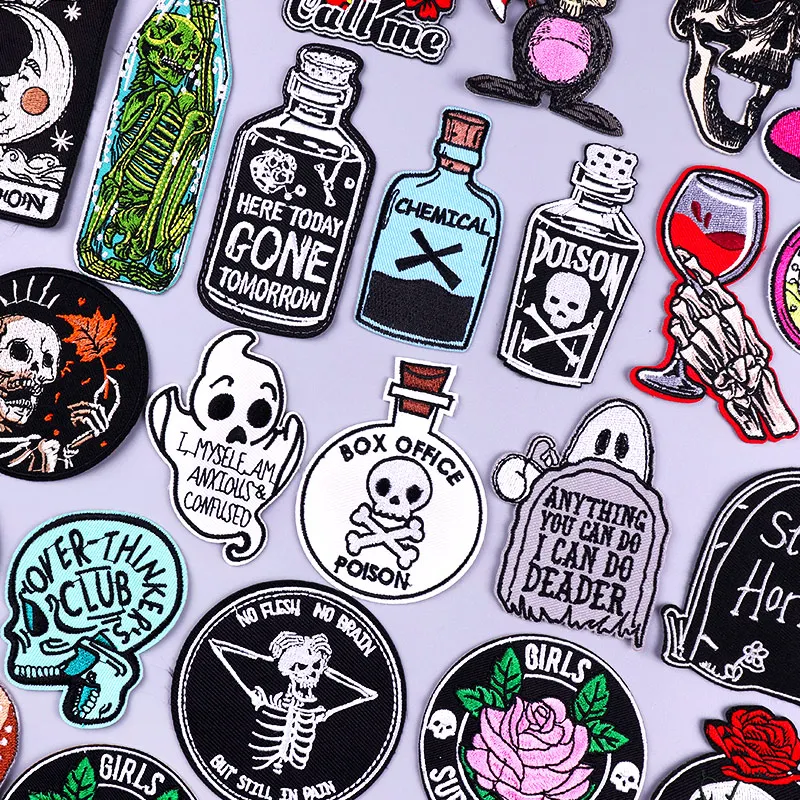 

Bottle Skull Patch Iron On Embroidered Patches For Clohting Stickers Skeleton Hook Loop Applique Pathes On Clothes On Backpack