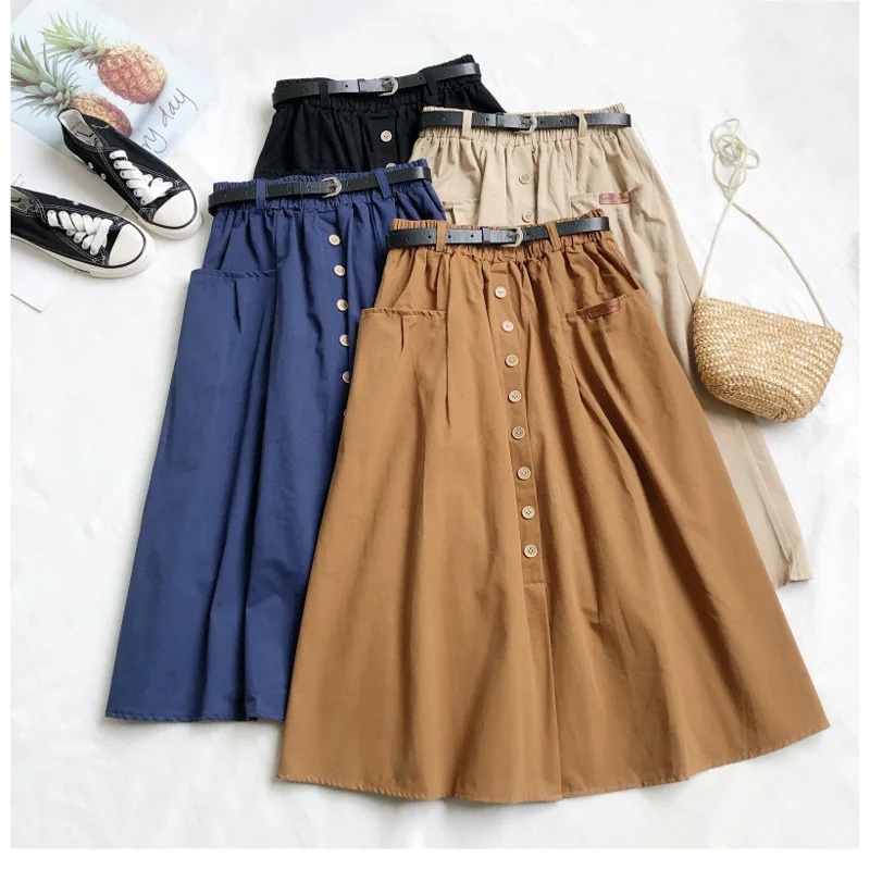 

2022 Autumn Korean Casual Cotton Midi Long Skirt Women Button Pocket Belt A Line High Waist Mid-length Skirt Female