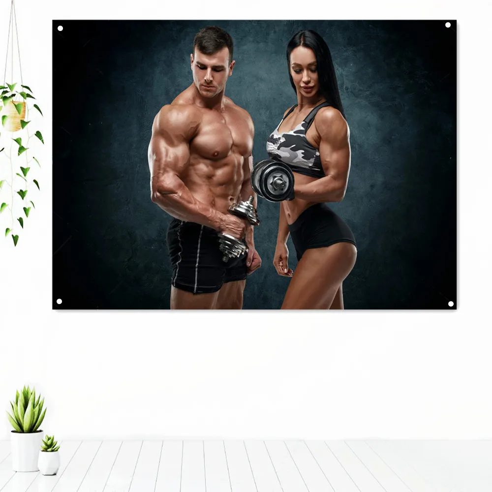

Sporty Couple Workout Dumbbells Mscular Exercise Tapestry Wall Art Gym Decor Fitness Workout Inspirational Poster Banner Flag B2