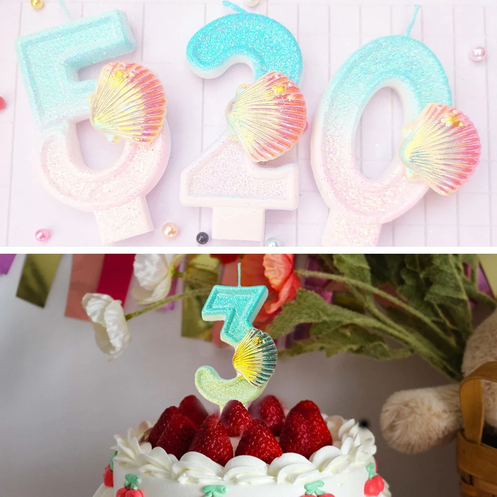 

1PC Number Candles Blue Sea Shell Glitter Cake Topper Birthday Wedding Digital Cakes Dessert Decor Birthday Decor