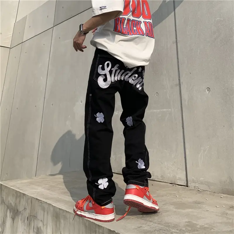 2022 New Fashion Letter Embroidery Baggy Men Hip Hop Jeans Pants Y2K Clothes Straight Casual Black Denim Trousers Pantaloni Uomo