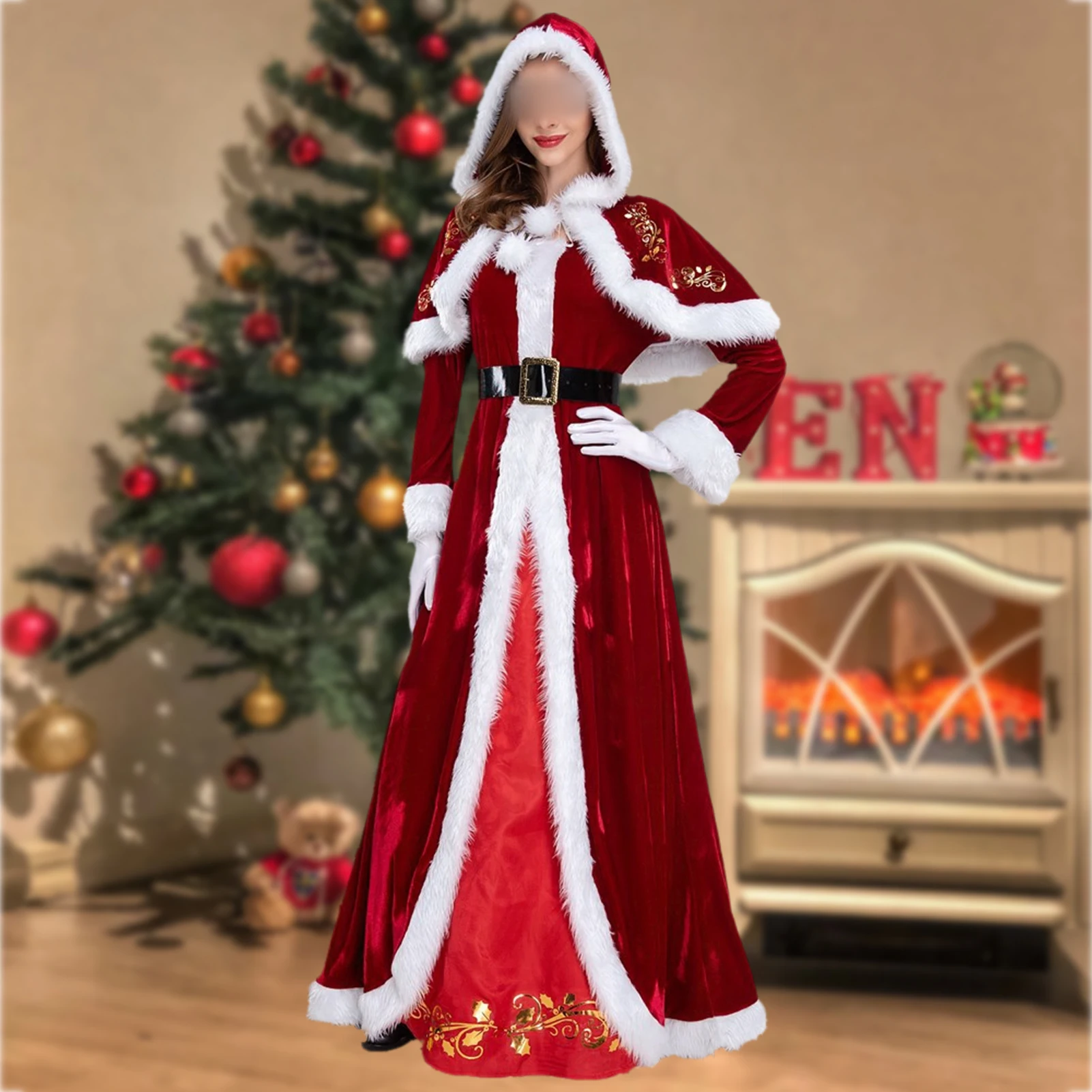 

Women Red Retro Cotton 4 Pieces Dress Set Golden Print Slim Fit Elastic High Waist Santa Clothing Festival Style Christmas Suit